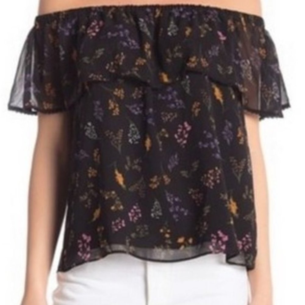 Rebecca Minkoff Black Floral Off the Shoulder Top Large